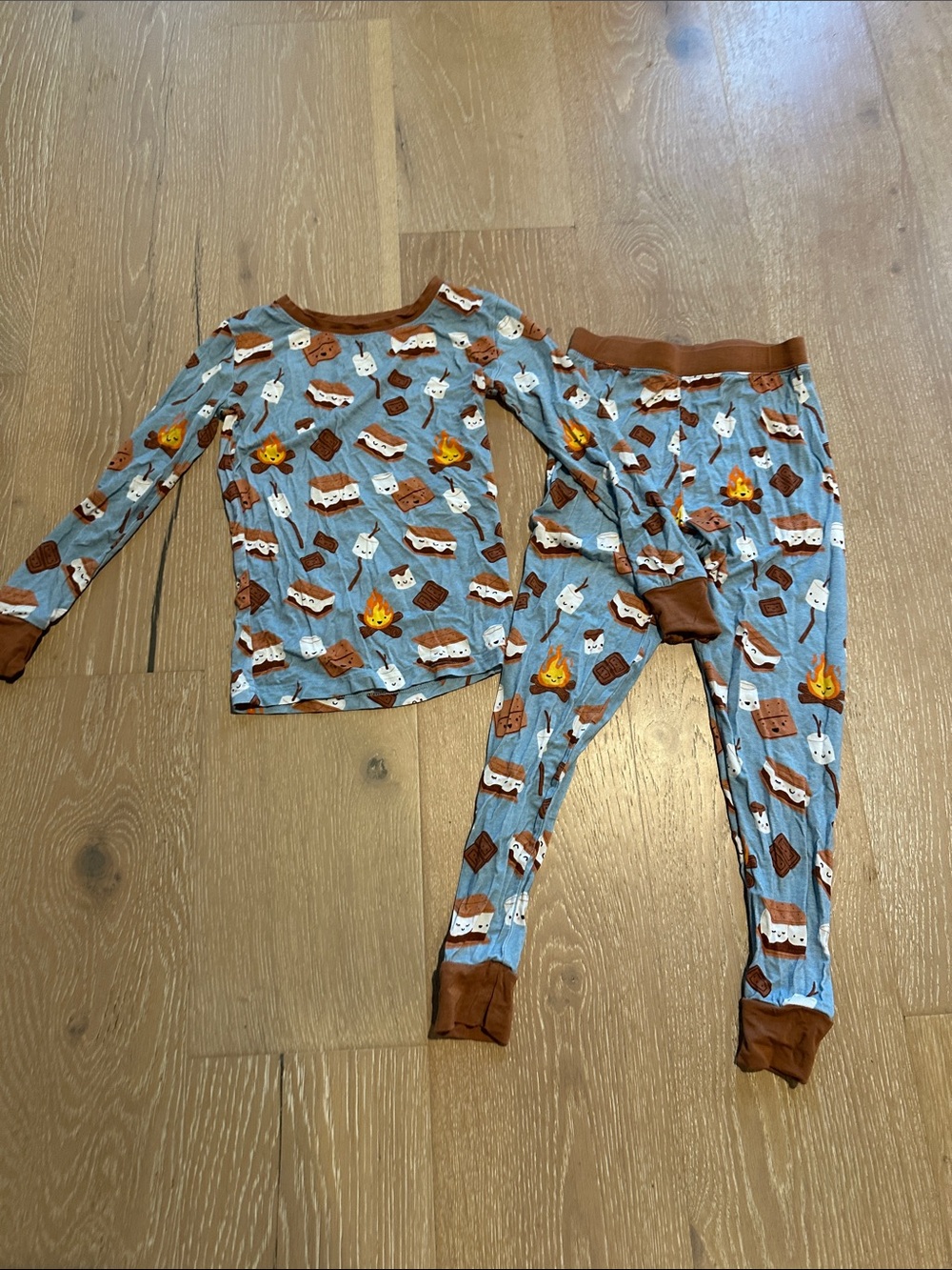 Little Sleepies Kids Blue S'mores Print Pajama Set - Brown Trim
